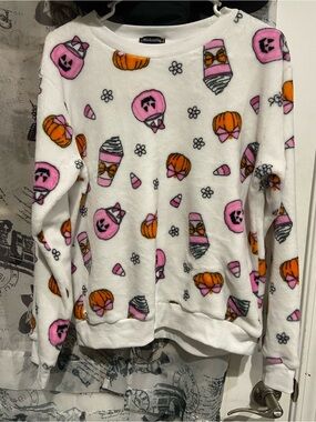 Women's White Plush Halloween Print Crewneck Sweater